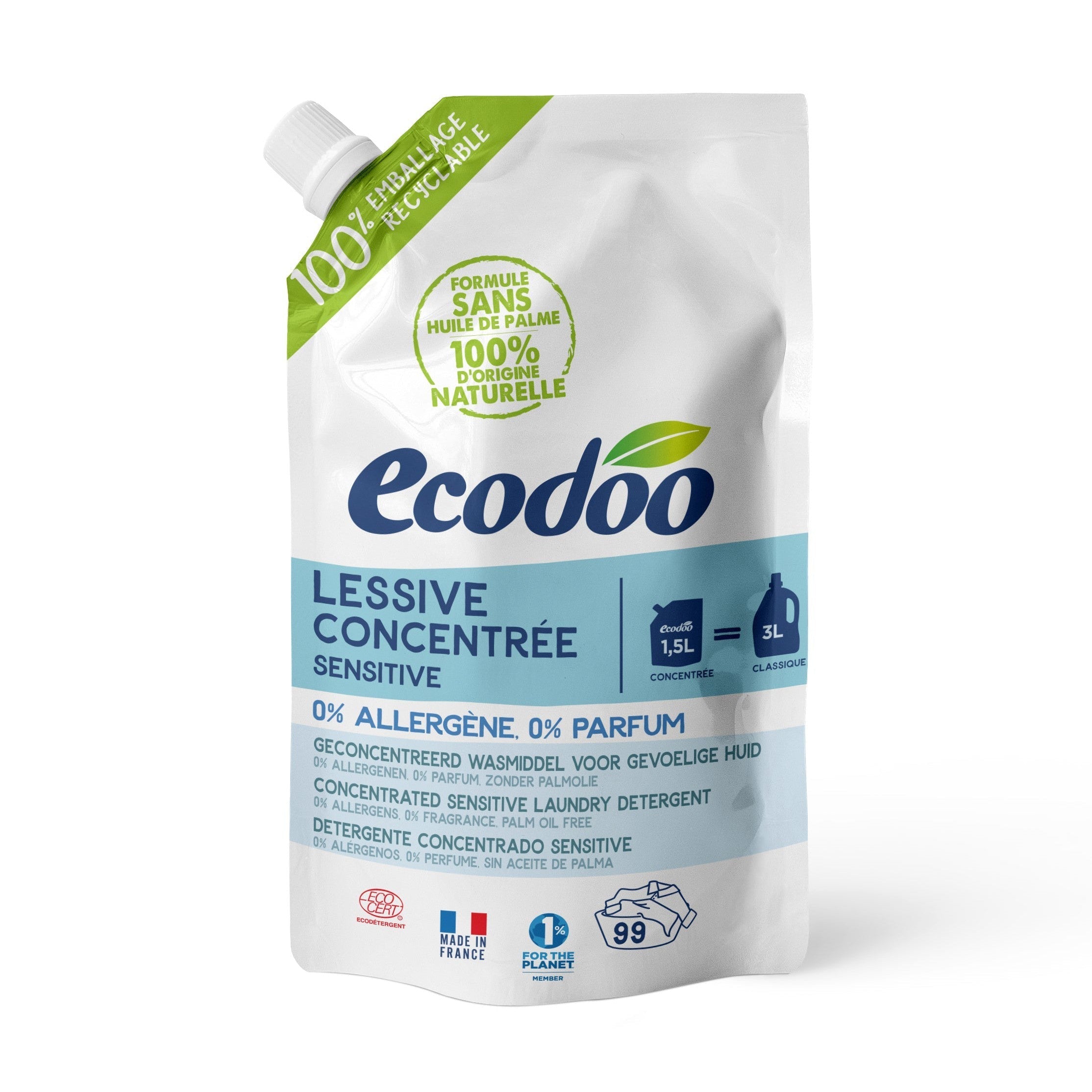 Ecodoo hajusteeton pyykinpesuaine Sensitiv, täyttöpussi 1.5L